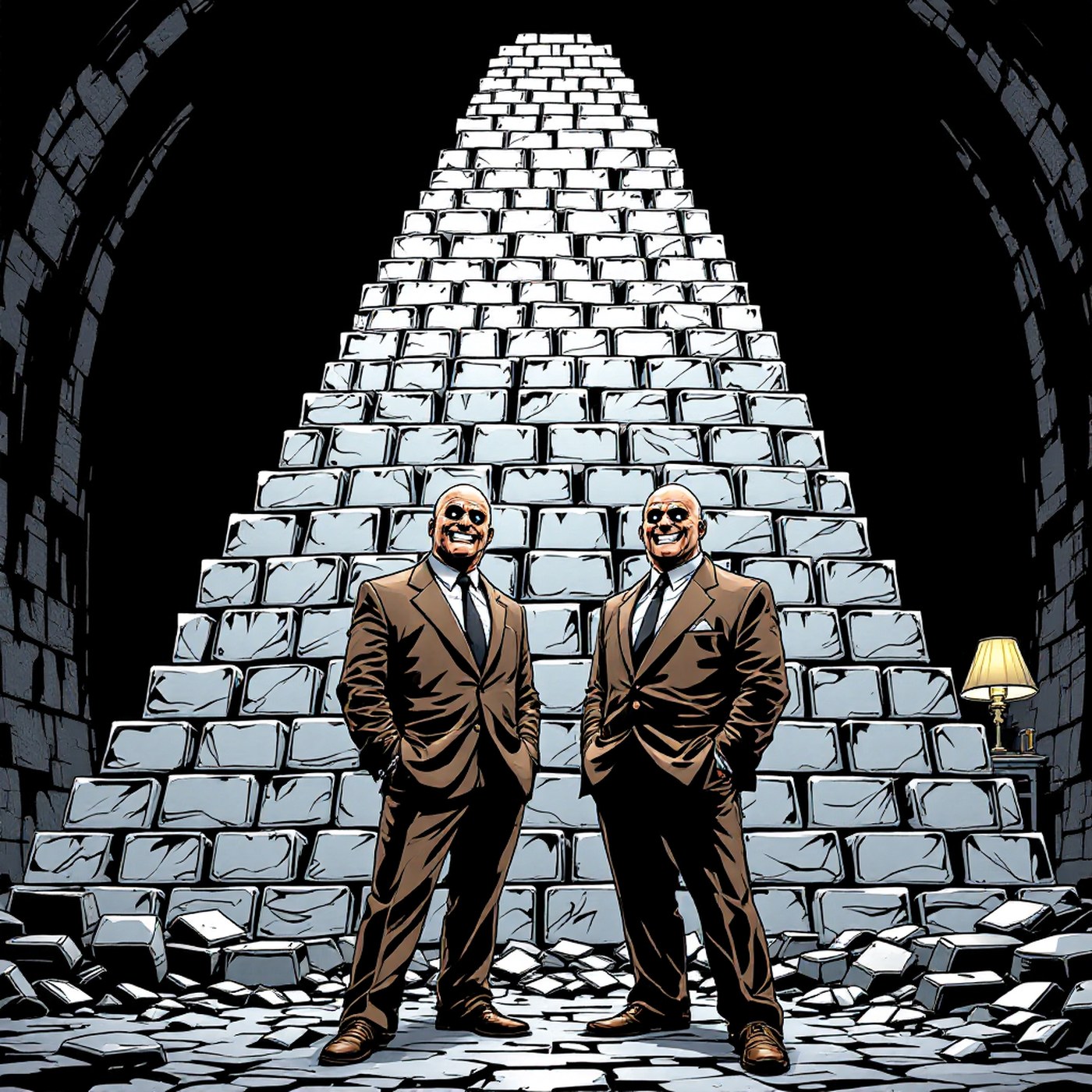 Two brothers behind a stack of silver bars